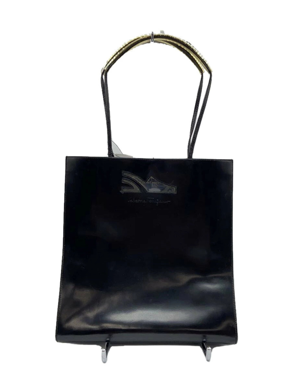 Salvatore Ferragamo black patent leather tote bag dual shoulder debossed